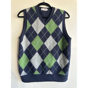 Vintage J.Crew Argyle Sweater Vest Mens M 100% Lambswool Navy Green Holiday 2007